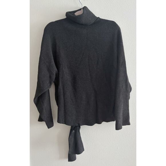 Zara Knit Gray Ribbed Knit Turtleneck Waist Side Tie Chunky Comfy Sweater Medium - Picture 2 of 9